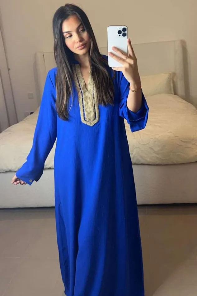 Women Abaya Bleu lectrique Dcollet V Broderie Dore Blue Brentiny Paris Collection Ramadan Women Abaya Bleu lectrique Dcollet V Broderie Dore Blue Brentiny Paris Collection Ramadan