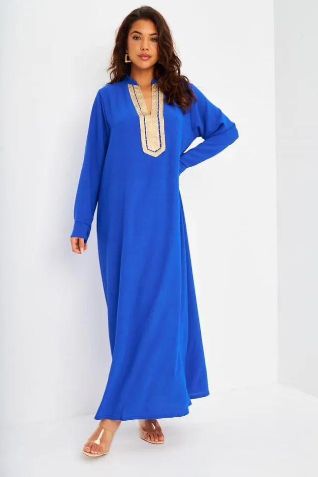 Women Abaya Bleu lectrique Dcollet V Broderie Dore Blue Brentiny Paris Collection Ramadan Women Abaya Bleu lectrique Dcollet V Broderie Dore Blue Brentiny Paris Collection Ramadan