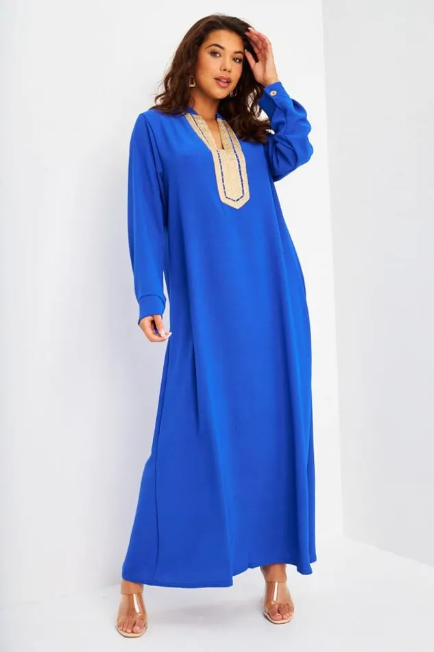 Women Abaya Bleu lectrique Dcollet V Broderie Dore Blue Brentiny Paris Collection Ramadan Women Abaya Bleu lectrique Dcollet V Broderie Dore Blue Brentiny Paris Collection Ramadan