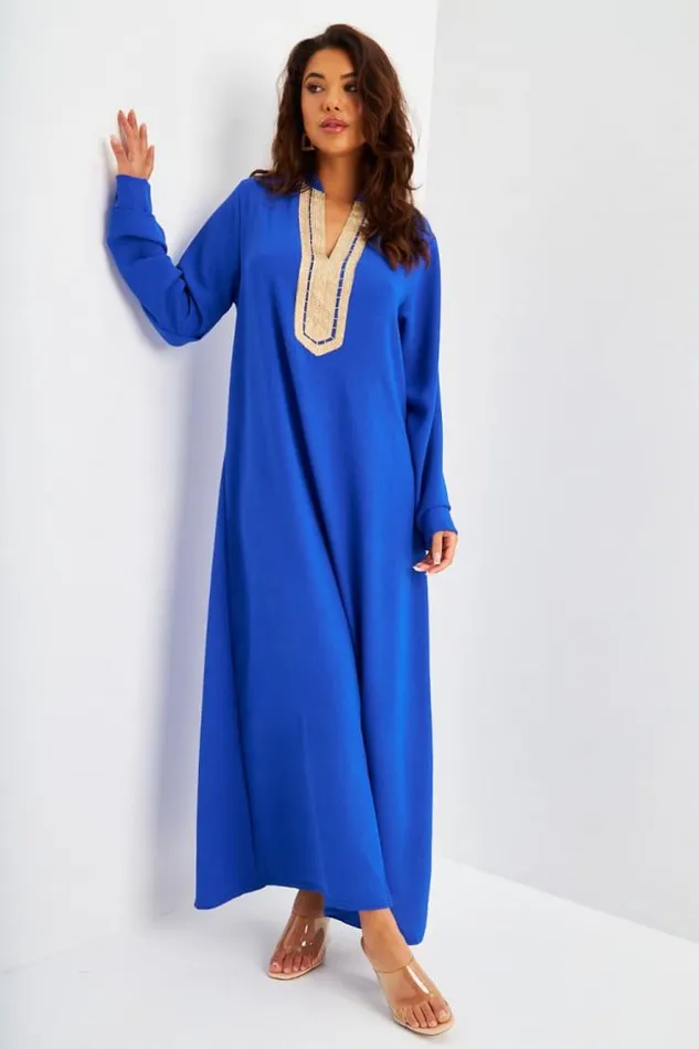 Women Abaya Bleu lectrique Dcollet V Broderie Dore Blue Brentiny Paris Collection Ramadan Women Abaya Bleu lectrique Dcollet V Broderie Dore Blue Brentiny Paris Collection Ramadan