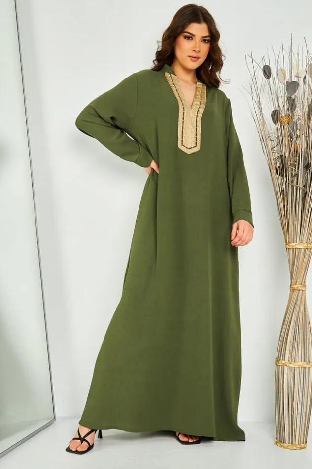 Women Abaya Kaki Dcollet V Broderie Dore Green Brentiny Paris Collection Ramadan