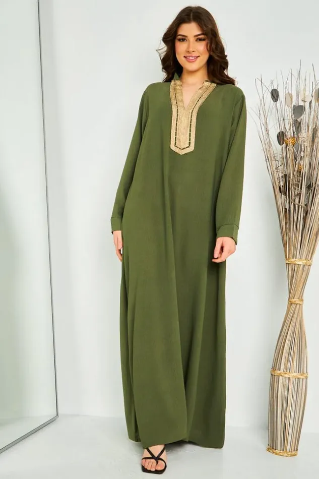 Women Abaya Kaki Dcollet V Broderie Dore Green Brentiny Paris Collection Ramadan Women Abaya Kaki Dcollet V Broderie Dore Green Brentiny Paris Collection Ramadan