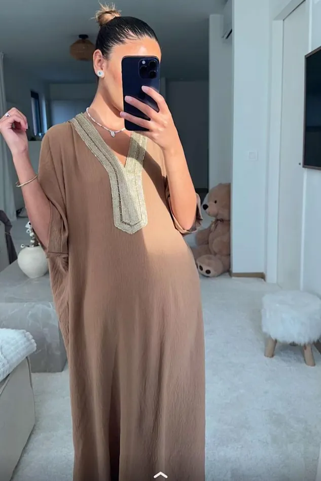 Women Abaya Marron Broderies Dores Beige Brentiny Paris Collection Ramadan
