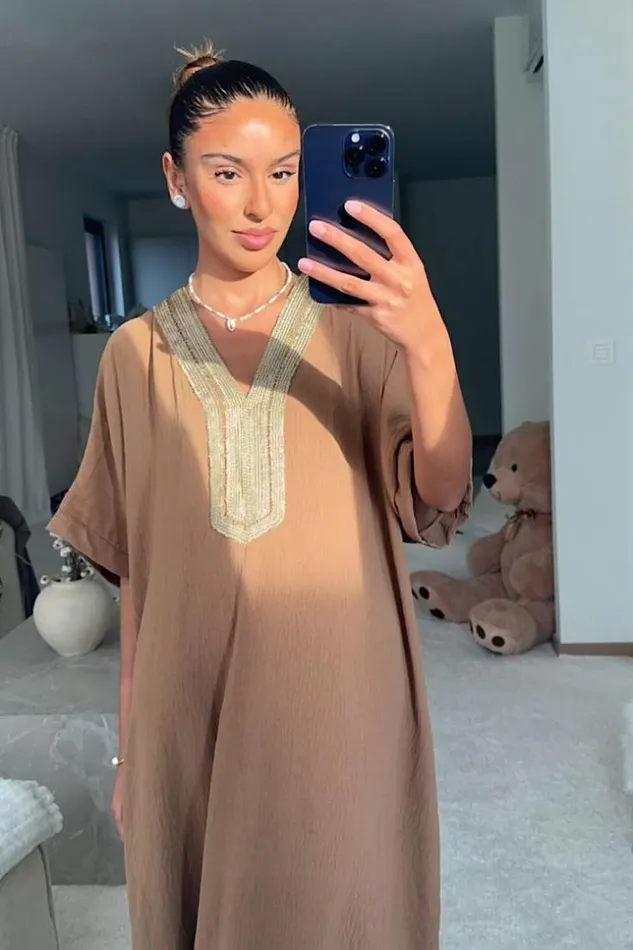Women Abaya Marron Broderies Dores Beige Brentiny Paris Collection Ramadan