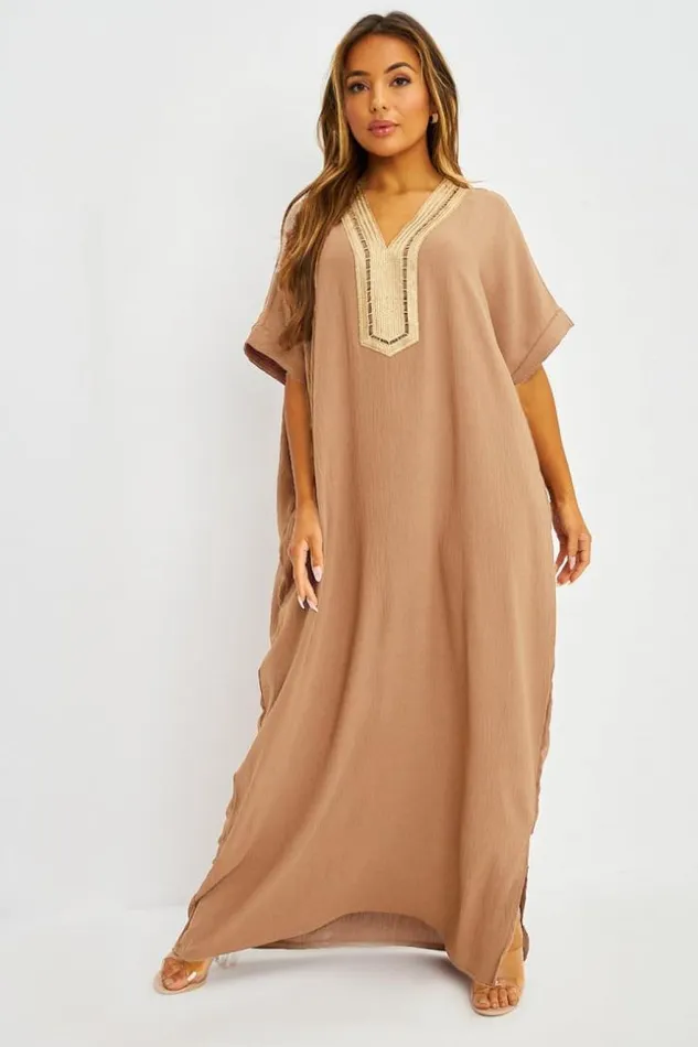 Women Abaya Marron Broderies Dores Beige Brentiny Paris Collection Ramadan
