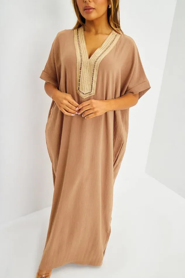 Women Abaya Marron Broderies Dores Beige Brentiny Paris Collection Ramadan