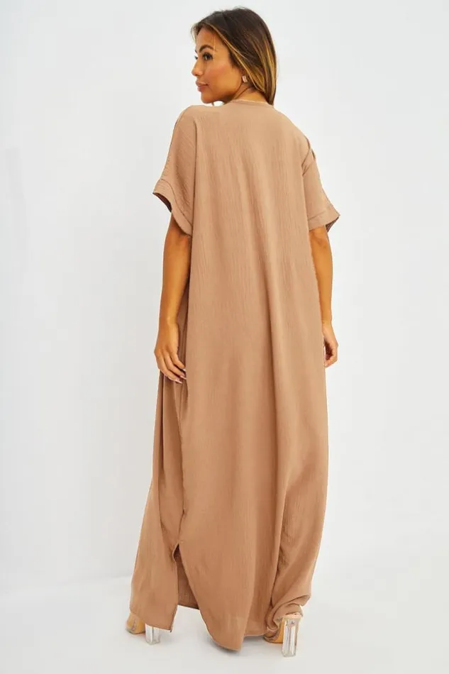 Women Abaya Marron Broderies Dores Beige Brentiny Paris Collection Ramadan