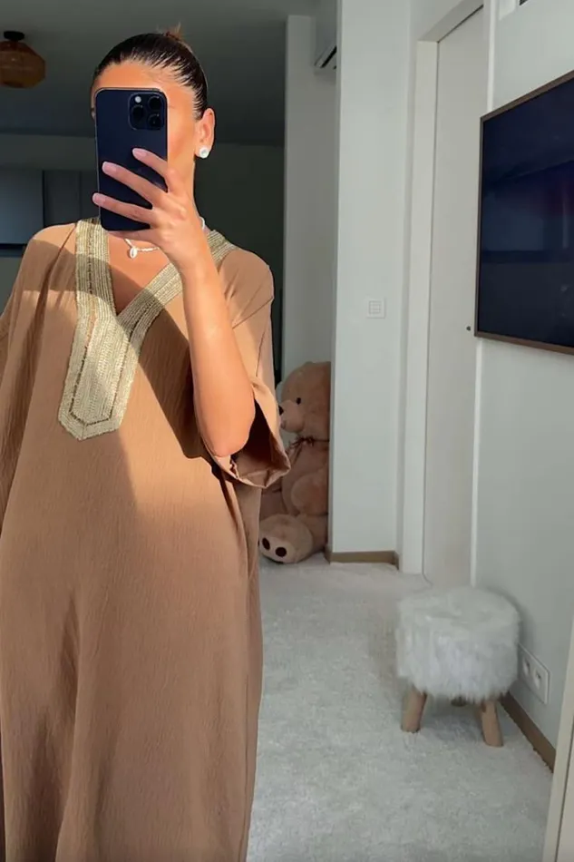 Women Abaya Marron Broderies Dores Beige Brentiny Paris Collection Ramadan