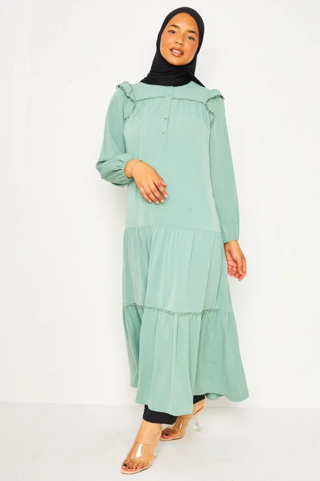 Women Abaya Maxi Dress With Crochet Trim Detail In Light Green Vertclair Brentiny Paris Collection Ramadan Women Abaya Maxi Dress With Crochet Trim Detail In Light Green Vertclair Brentiny Paris Collection Ramadan