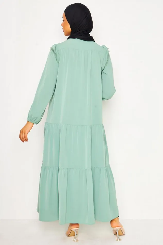 Women Abaya Maxi Dress With Crochet Trim Detail In Light Green Vertclair Brentiny Paris Collection Ramadan