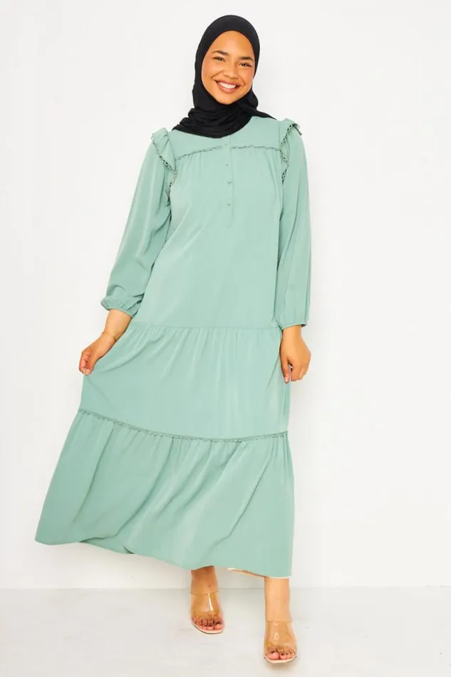Women Abaya Maxi Dress With Crochet Trim Detail In Light Green Vertclair Brentiny Paris Collection Ramadan