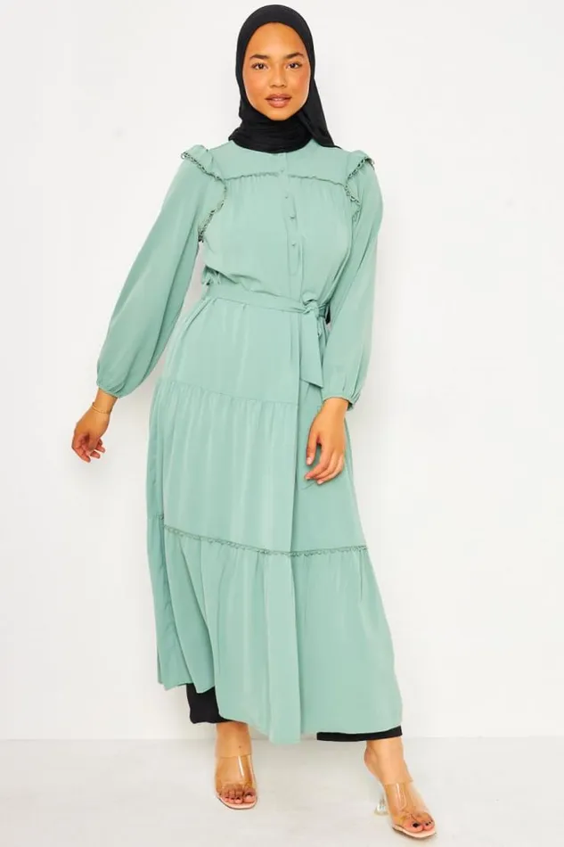 Women Abaya Maxi Dress With Crochet Trim Detail In Light Green Vertclair Brentiny Paris Collection Ramadan