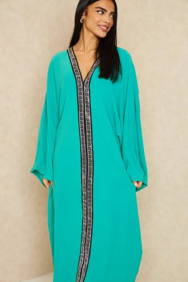 Women Abaya Verte Bandes Motif Grec Strass Green Brentiny Paris Collection Ramadan