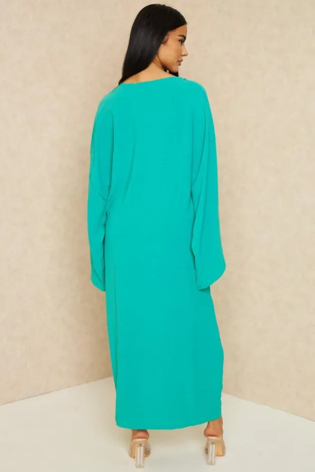 Women Abaya Verte Bandes Motif Grec Strass Green Brentiny Paris Collection Ramadan