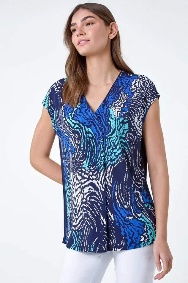 Women Abstract Wave Print VNeck Stretch Top Roman Tops