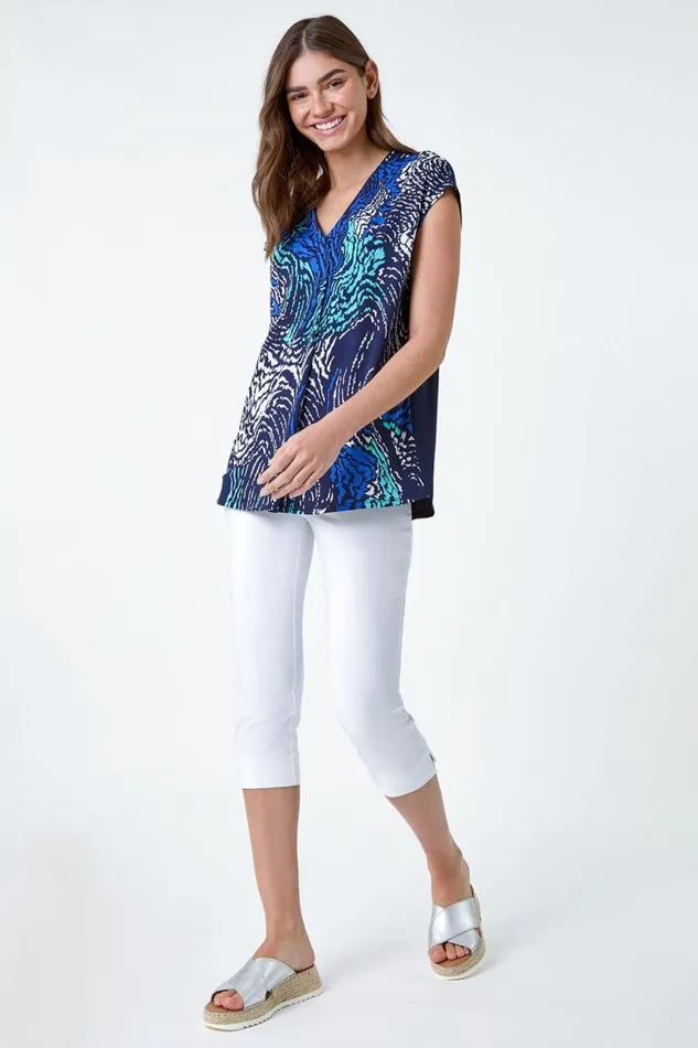 Women Abstract Wave Print VNeck Stretch Top Roman Tops