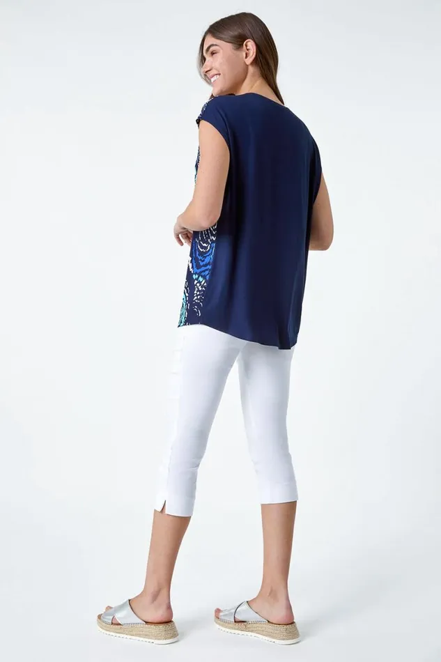 Women Abstract Wave Print VNeck Stretch Top Roman Tops