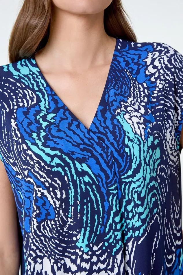 Women Abstract Wave Print VNeck Stretch Top Roman Tops