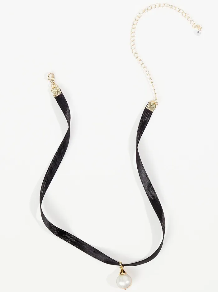 Women Altar039d State Jewelry Ribbon Pearl Drop Choker Necklace Blackcream