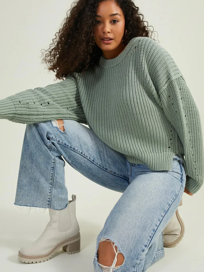 Women Altar039d State Sweaters Amber Pointelle Chunky Sweater Iceberggreen