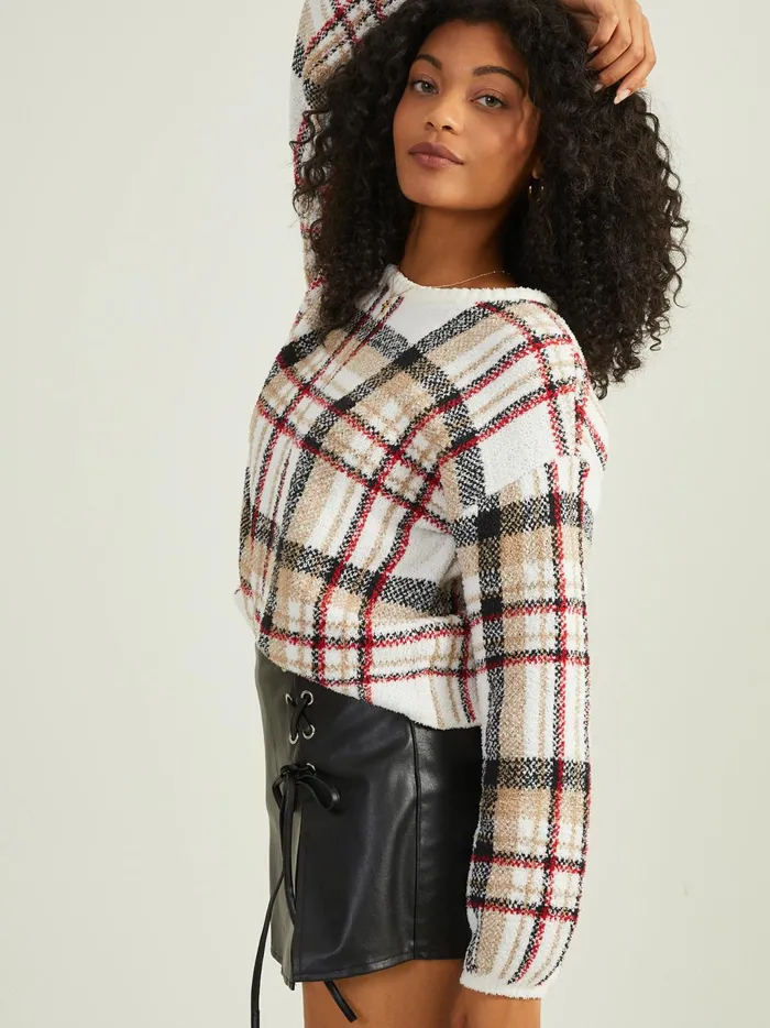 Women Altar039d State Sweaters Sam Plaid Teddy Sweater Vanilla