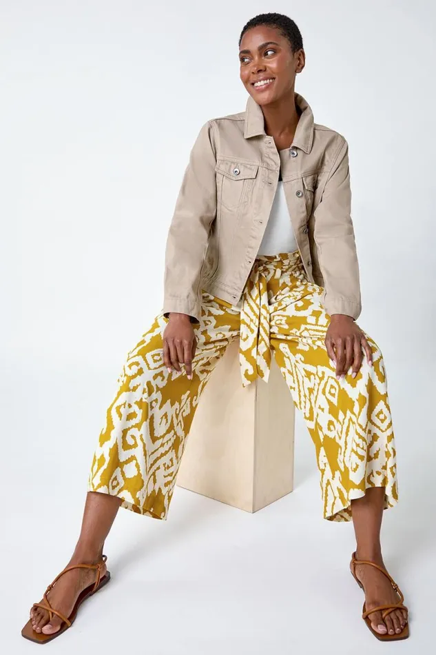 Women Amber Aztec Print Wide Leg Cropped Trousers Roman Trousers