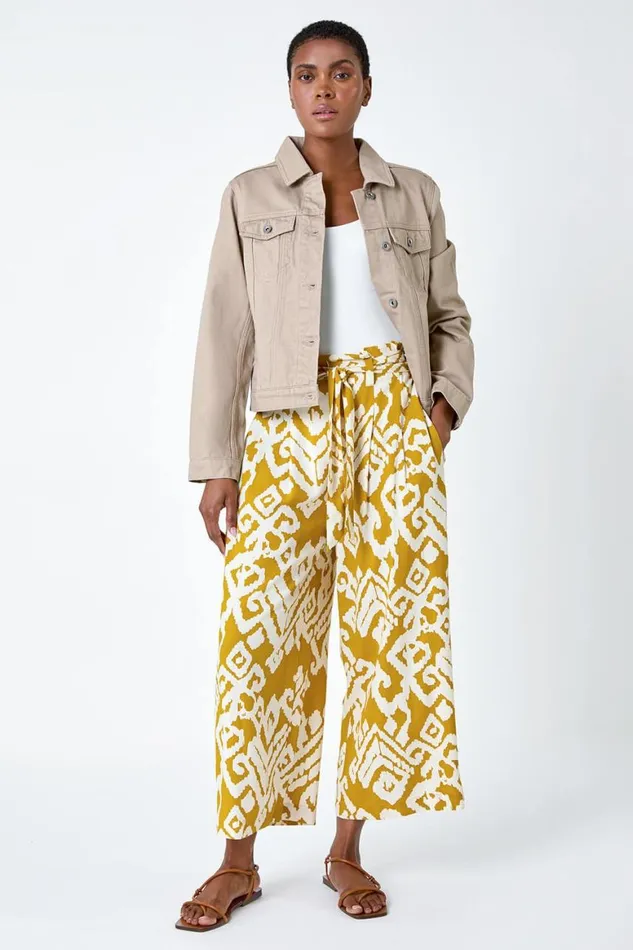 Women Amber Aztec Print Wide Leg Cropped Trousers Roman Trousers