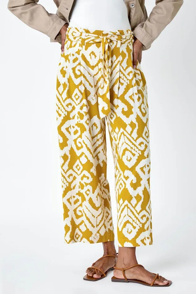 Women Amber Aztec Print Wide Leg Cropped Trousers Roman Trousers