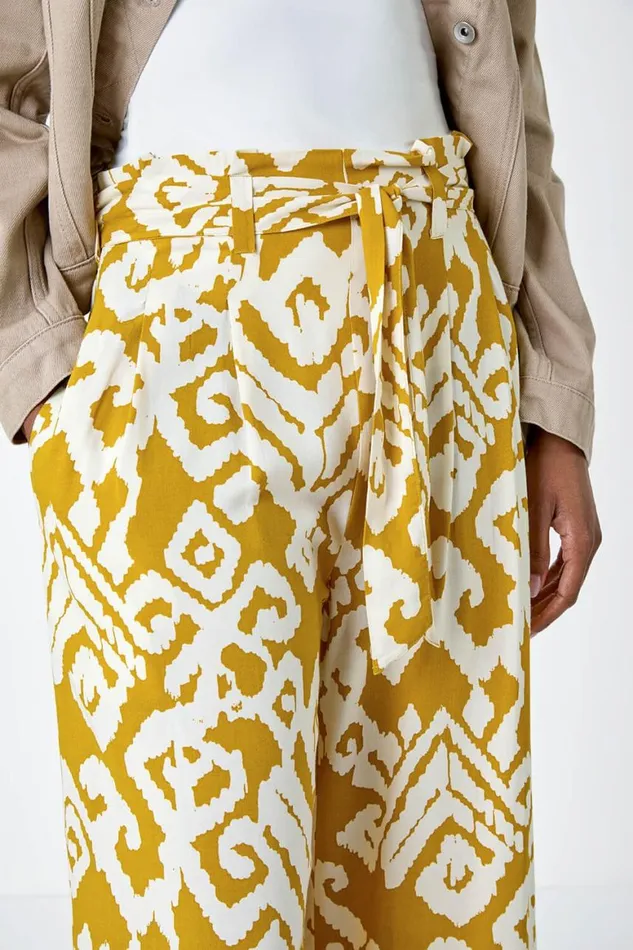 Women Amber Aztec Print Wide Leg Cropped Trousers Roman Trousers