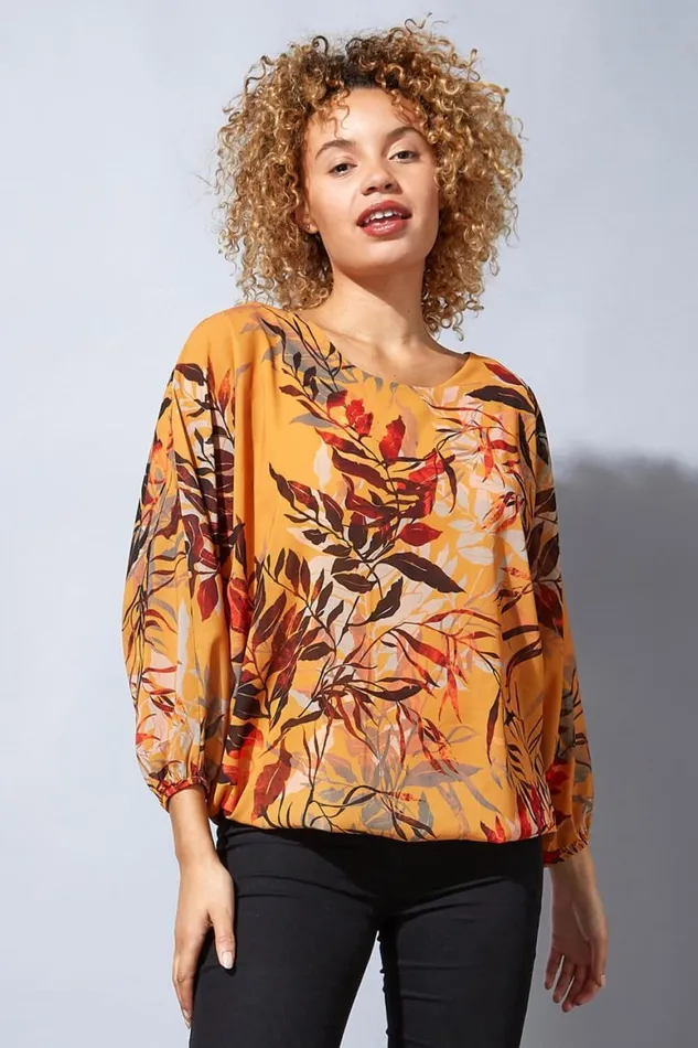 Women Amber Leaf Print Bubble Hem Top Roman Tops