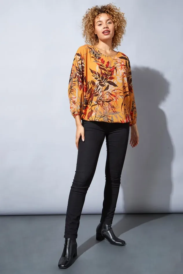 Women Amber Leaf Print Bubble Hem Top Roman Tops