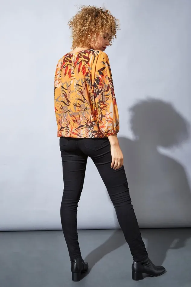 Women Amber Leaf Print Bubble Hem Top Roman Tops