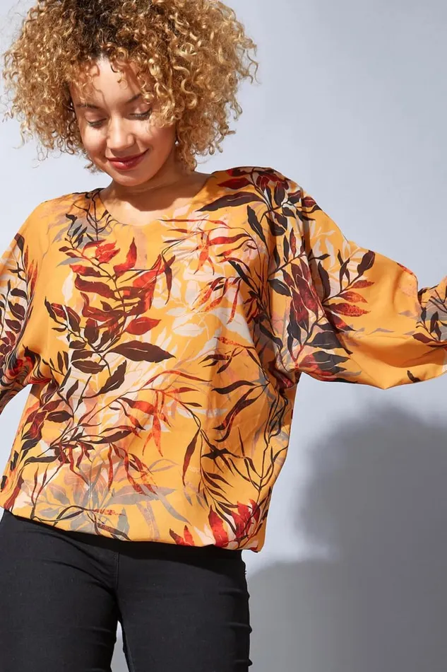 Women Amber Leaf Print Bubble Hem Top Roman Tops