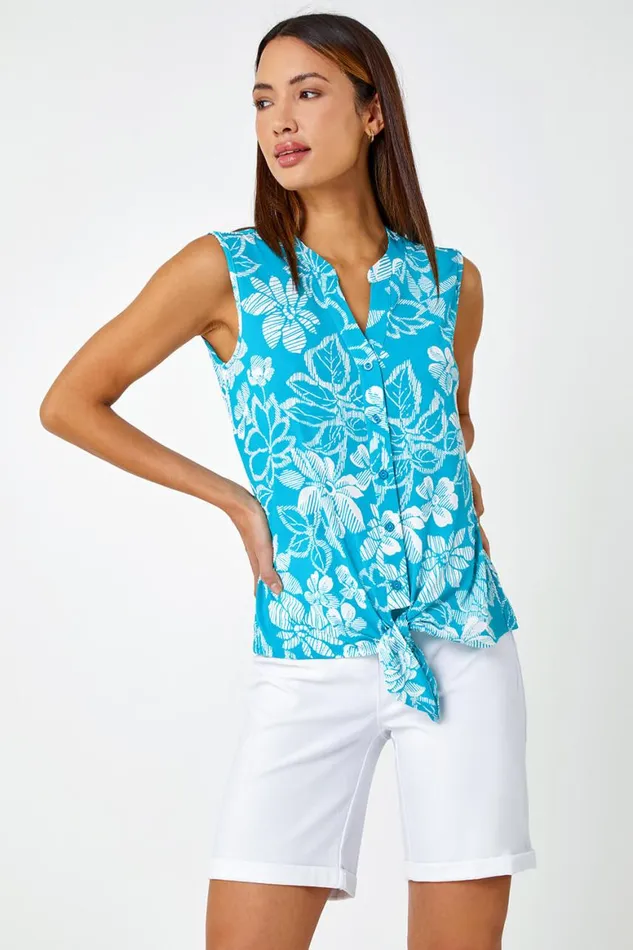 Women Aqua Sleeveless Floral Tie Front Stretch Top Roman Tops
