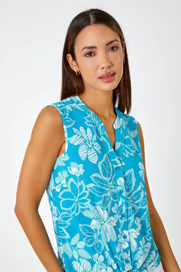 Women Aqua Sleeveless Floral Tie Front Stretch Top Roman Tops