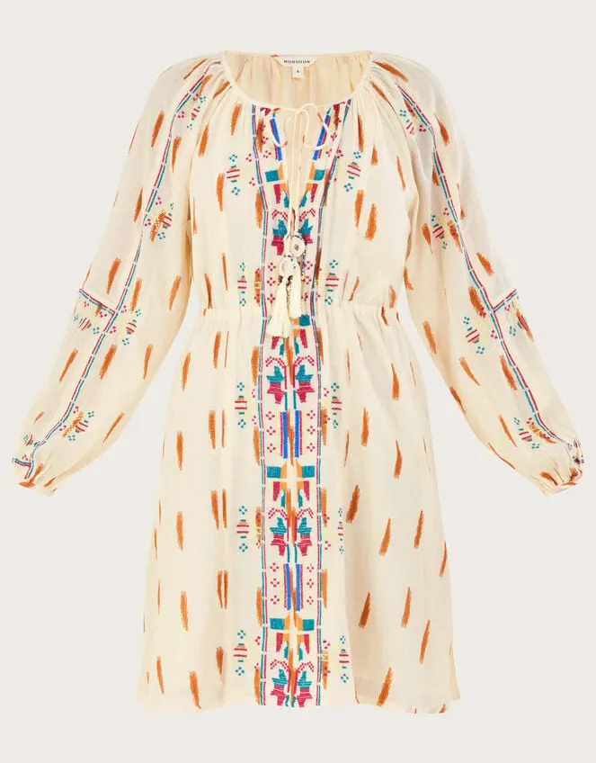Women Aztec Print And Embroidered Short Dress Ivory Monsoon Dresses