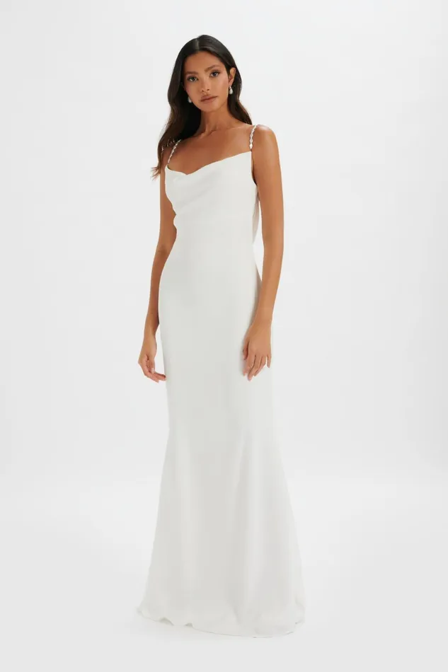 Women Backless Dresses Lavish Alice DANI Cowl Neck Satin Maxi Dress With Pearl Straps In White White