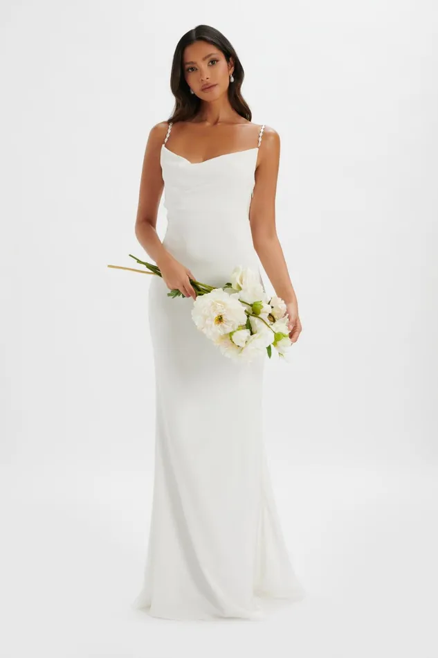 Women Backless Dresses Lavish Alice DANI Cowl Neck Satin Maxi Dress With Pearl Straps In White White
