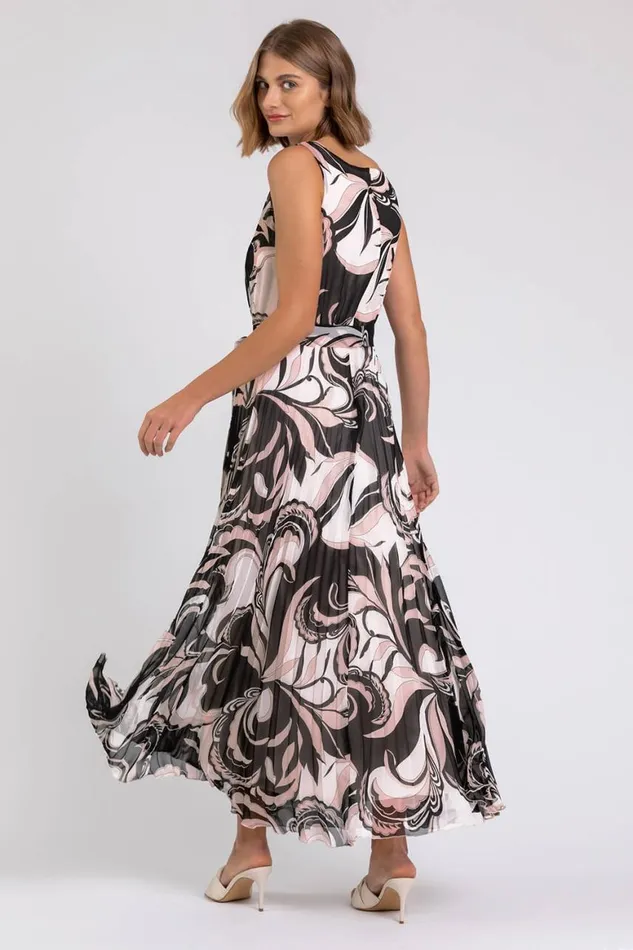Women Beige Abstract Print Pleated Chiffon Maxi Dress Roman Dresses