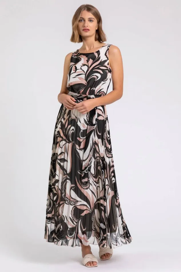 Women Beige Abstract Print Pleated Chiffon Maxi Dress Roman Dresses