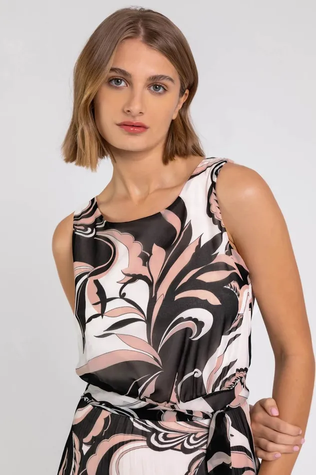 Women Beige Abstract Print Pleated Chiffon Maxi Dress Roman Dresses