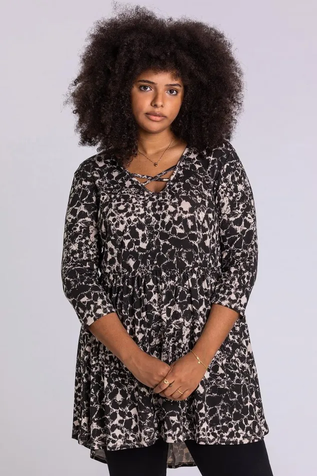 Women Beige Curve Animal Print Cross Detail Tunic Top Roman Tops