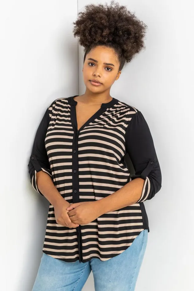 Women Beige Curve Contrast Stripe Button Through Blouse Roman Tops
