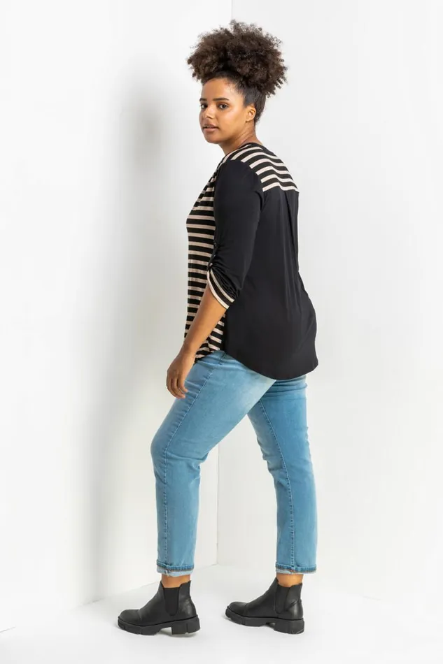 Women Beige Curve Contrast Stripe Button Through Blouse Roman Tops