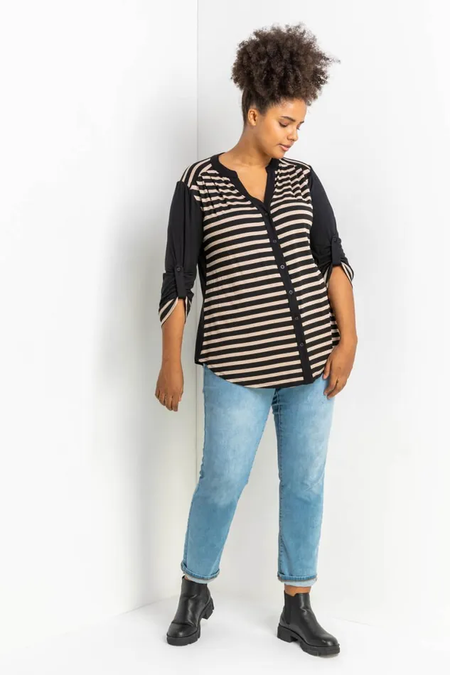 Women Beige Curve Contrast Stripe Button Through Blouse Roman Tops
