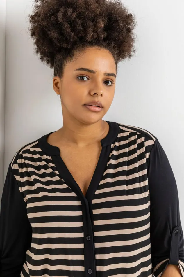 Women Beige Curve Contrast Stripe Button Through Blouse Roman Tops