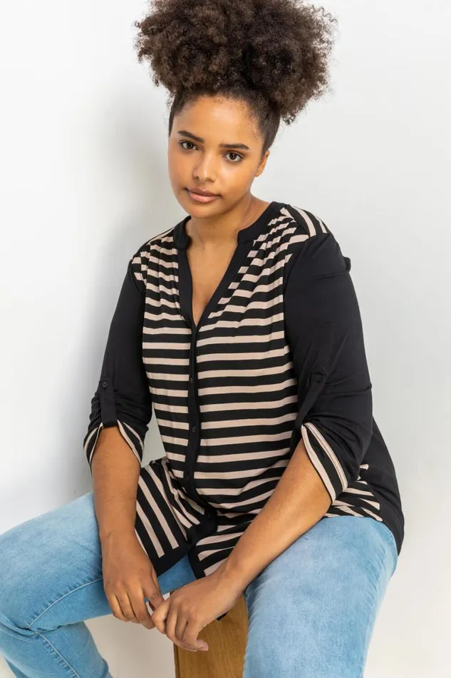 Women Beige Curve Contrast Stripe Button Through Blouse Roman Tops