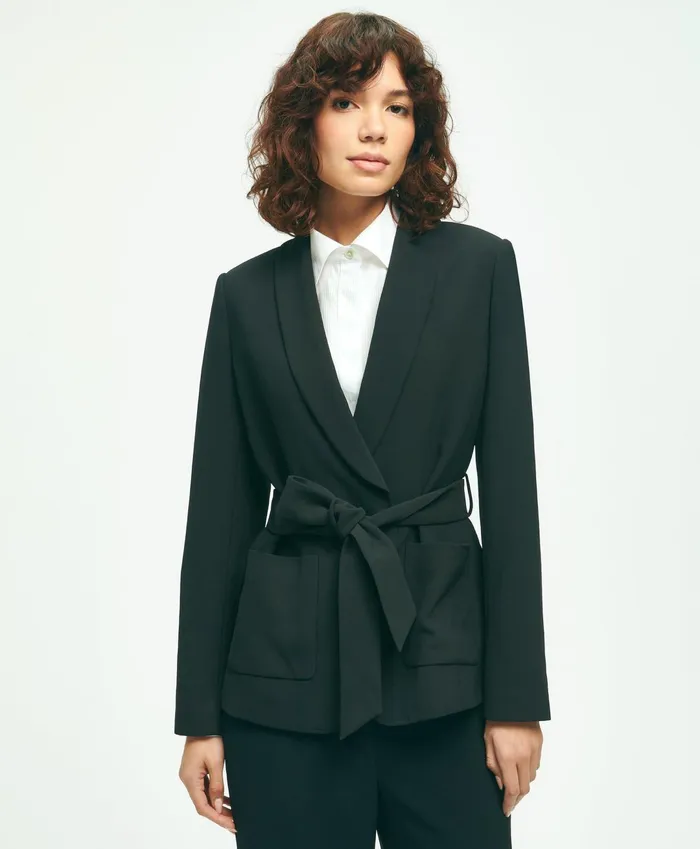 Women Belted Crepe Jacket Black Brooks Brothers Blazers