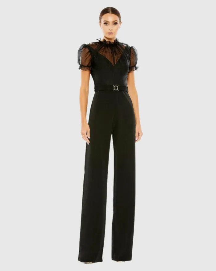 Women Best Sellers Mac Duggal Black Belted Illusion High Neck Cap Sleeve Jumpsuit Black Women Best Sellers Mac Duggal Black Belted Illusion High Neck Cap Sleeve Jumpsuit Black