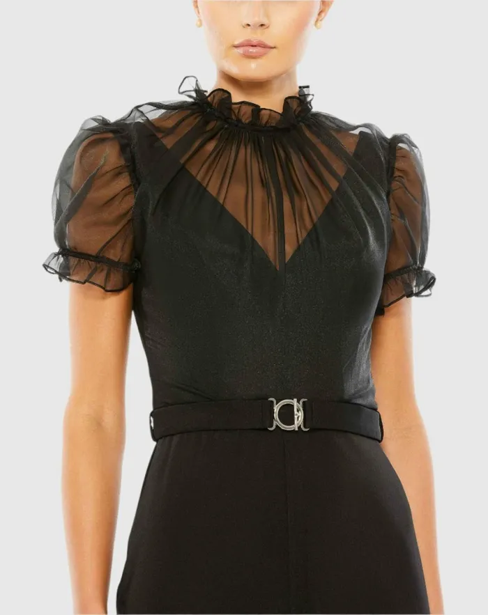 Women Best Sellers Mac Duggal Black Belted Illusion High Neck Cap Sleeve Jumpsuit Black